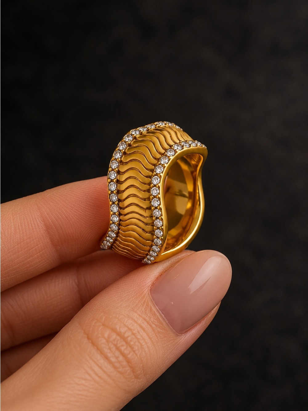 Gold plated Wave Crystal-Edged Dome Ring